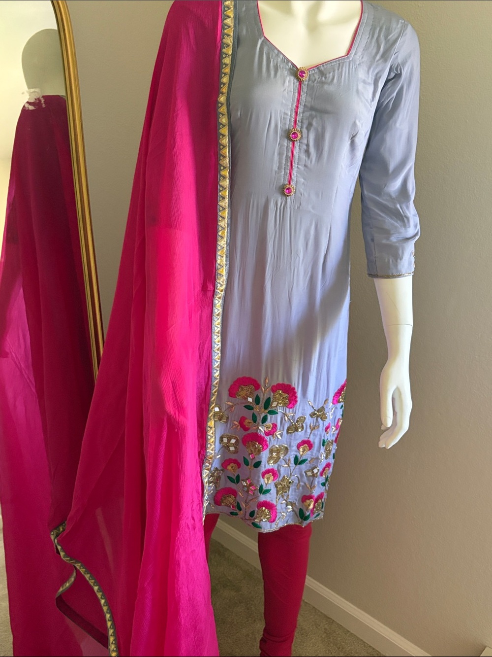 Light Gray Embroidered Kurti with Bright Pink Pants and Dupatta Indian suit